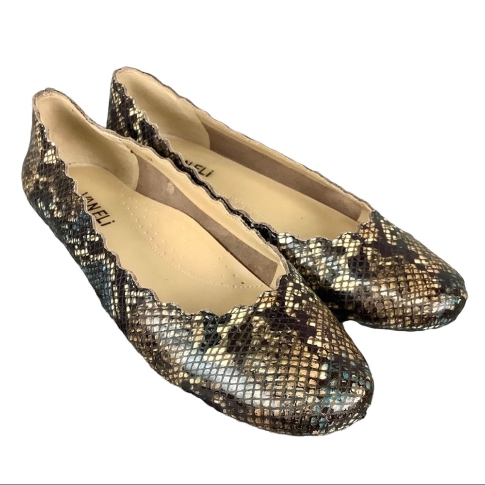 Vaneli Sancia Scalloped Leather Black Brown Snake Print flats